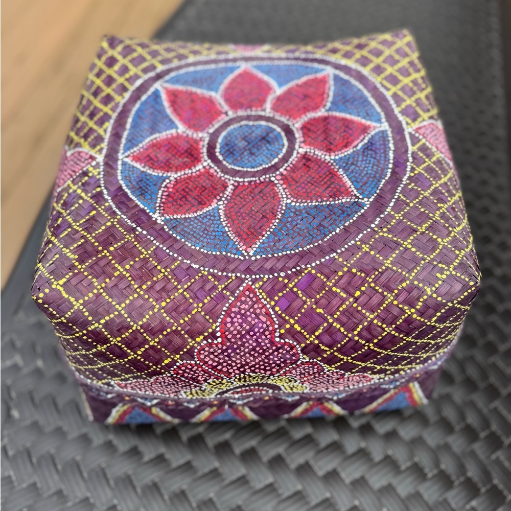 Colorful Patterned Woven Basket Lightweight Purple with Flower Decoration